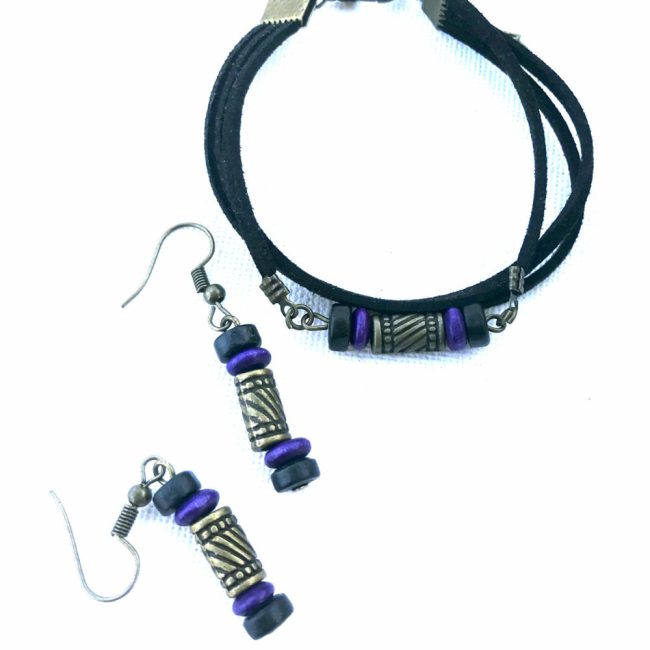Set bratara + cercei mov cu negru “Purple B”