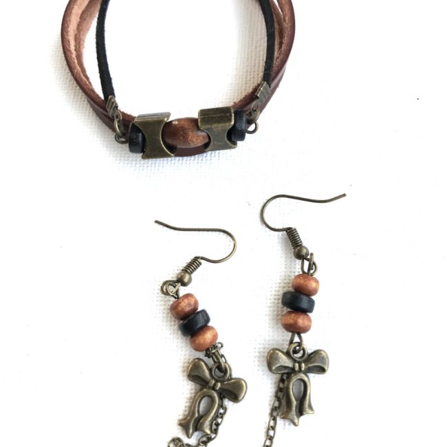 Set bratara + cercei maro cu bronz "Okd"