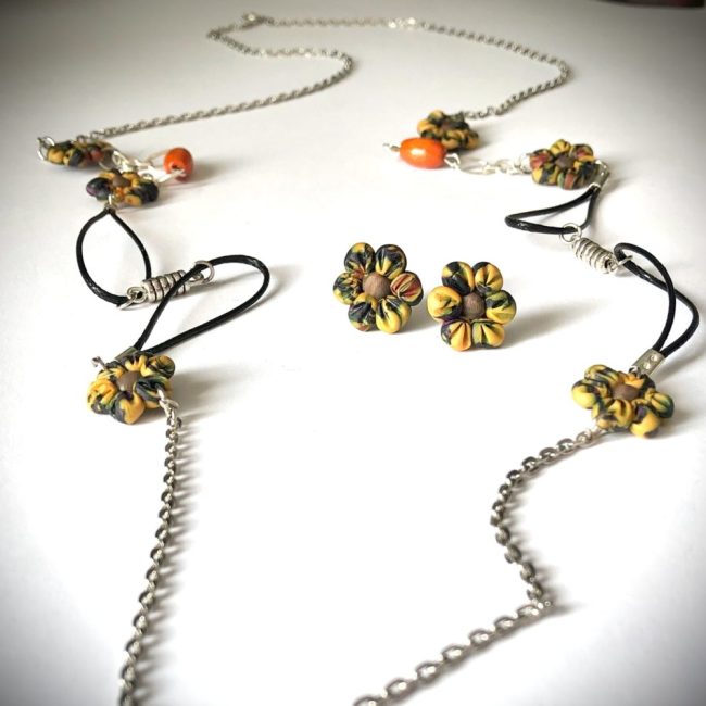Set colier + cercei floricele galben - portocaliu